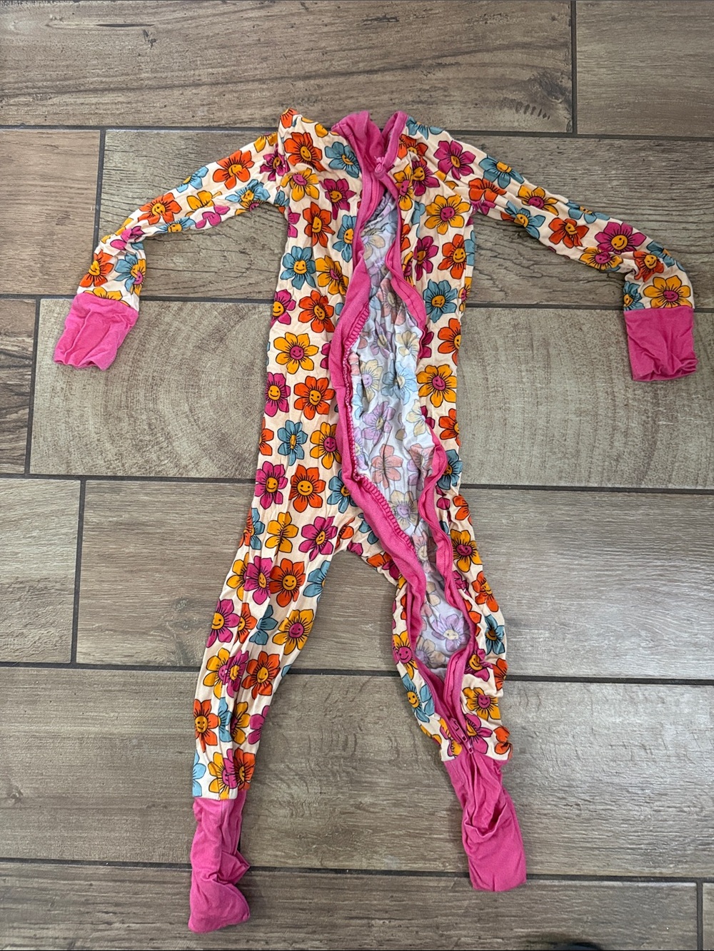 Girls Floral Footed One-Piece Pajama with Pink Trim